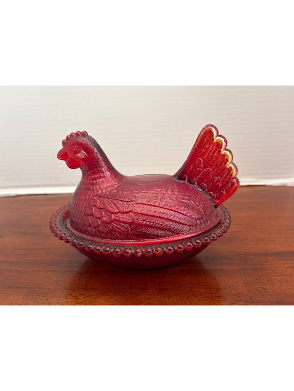 Ruby-Red 7" Pressed Glass Hen-on-Nest Covered Candy Dish